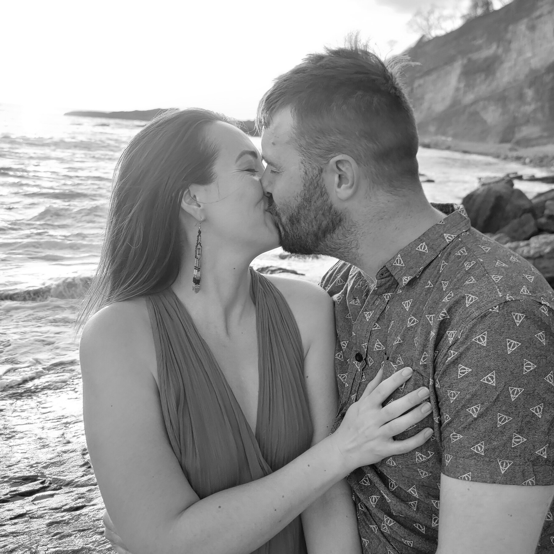 Michael and Stacie embrace on a Vancouver Island beach